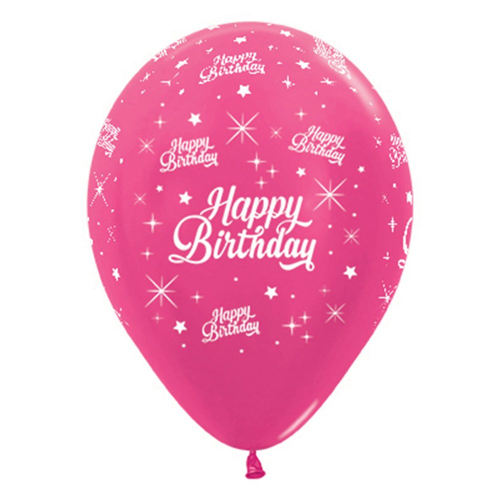 Sempertex 30cm Happy Birthday Twinkling Stars Metallic Fuchsia Latex Balloons