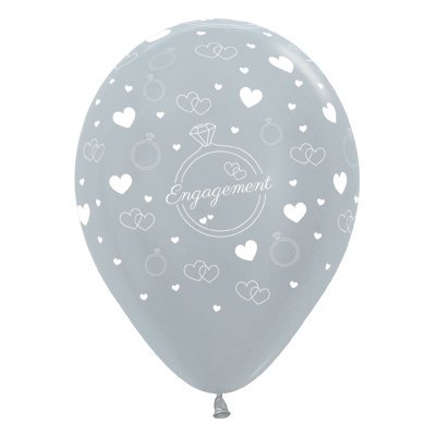 Sempertex 30cm Engagement Diamond Rings & Hearts Satin Pearl Silver Latex Balloons