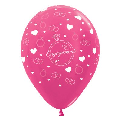 Sempertex 30cm Engagement Diamond Rings & Hearts Metallic Fuchsia Latex Balloons