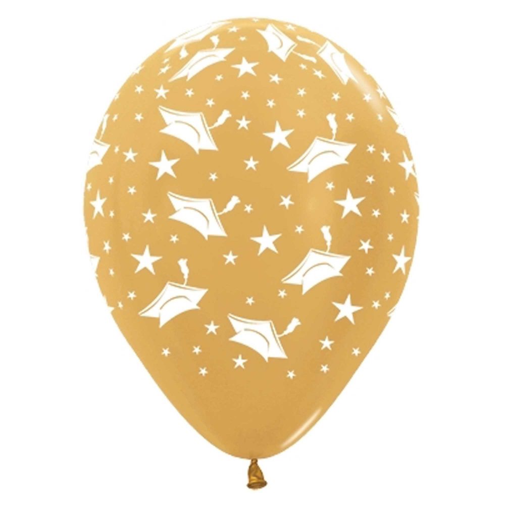 Sempertex 30cm Graduation Hats & Stars Metallic Gold Latex Balloons