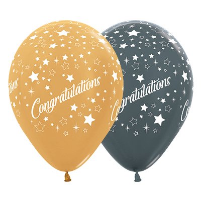 Sempertex 30cm Congratulations Stars Metallic Gold & Graphite Latex Balloons