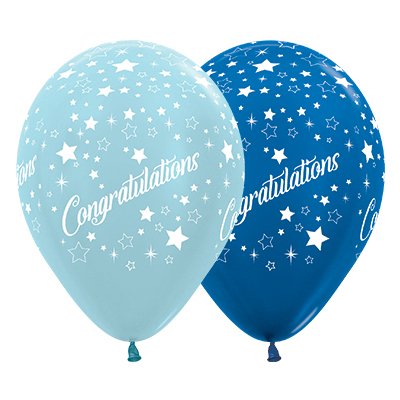 Sempertex 30cm Congratulations Stars Satin Pearl Blue & Metallic Blue Latex Balloons