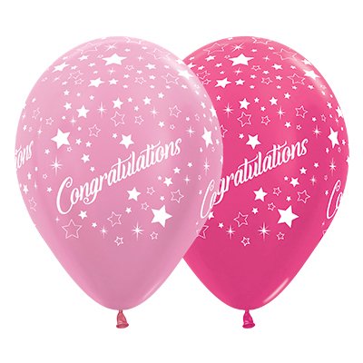 Sempertex 30cm Congratulations Stars Faces Satin Pearl Pink & Metallic Fuchsia Latex Balloons