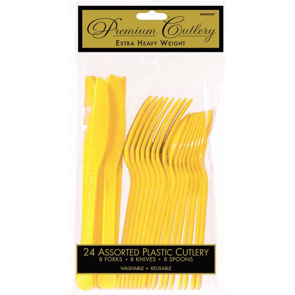 Premium Heavy Weight Plastic 24 Pack Assorted Cutlery Yellow Sunshine - party supplies australia