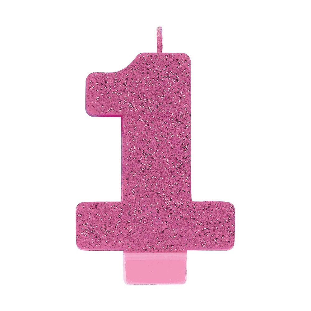 #1 Pink Glitter Numeral Candle - party supplies australia
