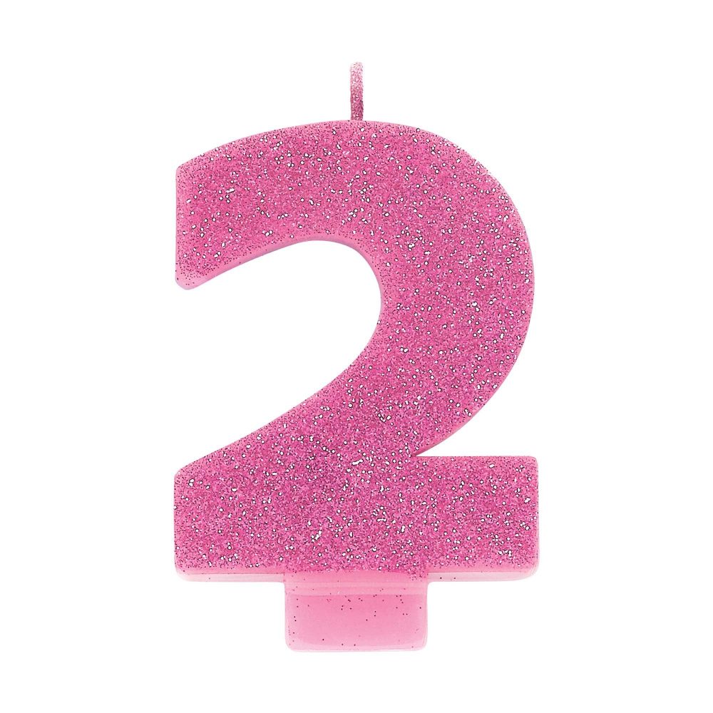 #2 Pink Glitter Numeral Candle - party supplies australia