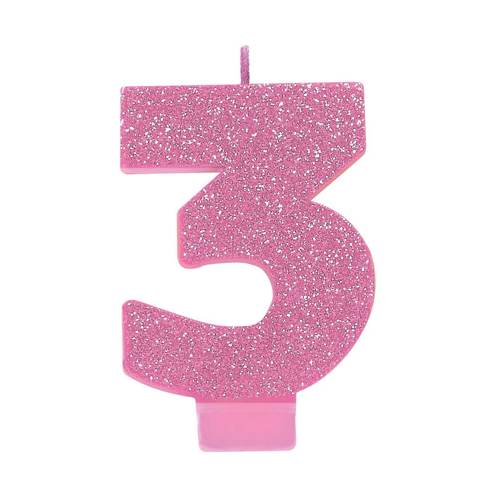 #3 Pink Glitter Numeral Candle - party supplies australia