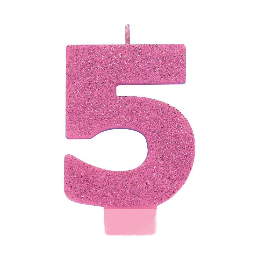 #5 Pink Glitter Numeral Candle - party supplies australia