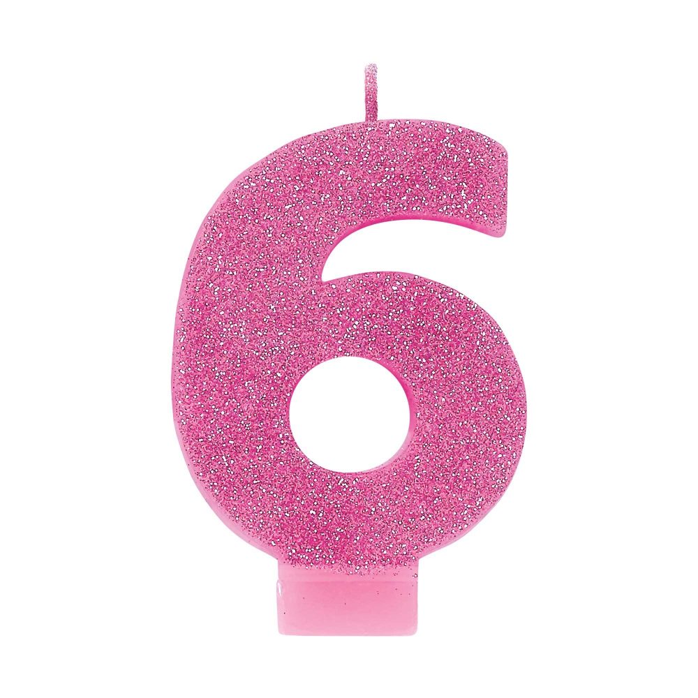 #6 Pink Glitter Numeral Candle - party supplies australia