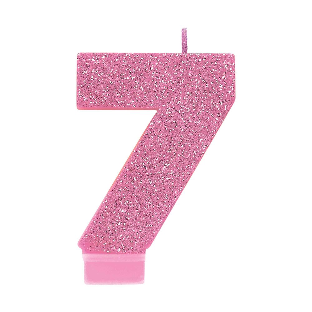 #7 Pink Glitter Numeral Candle - party supplies australia