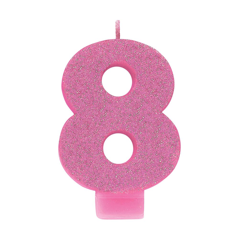 #8 Pink Glitter Numeral Candle - party supplies australia