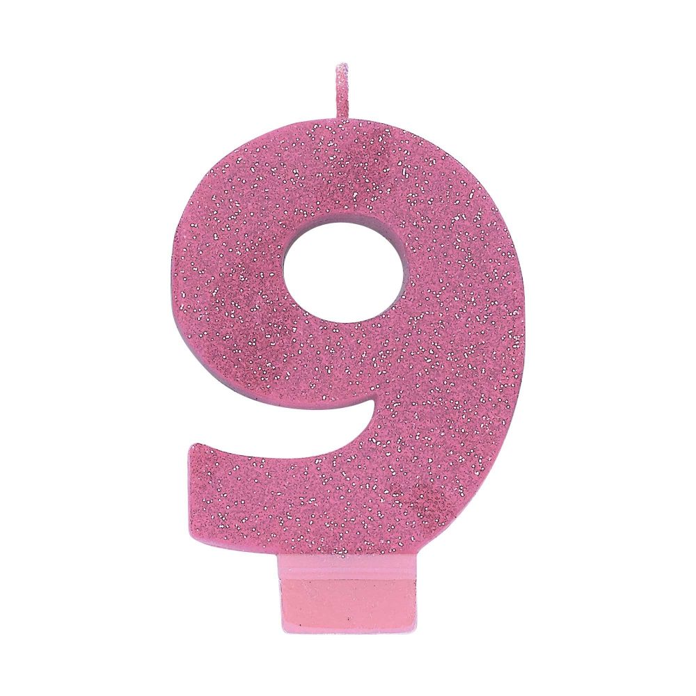 #9 Pink Glitter Numeral Candle - party supplies australia