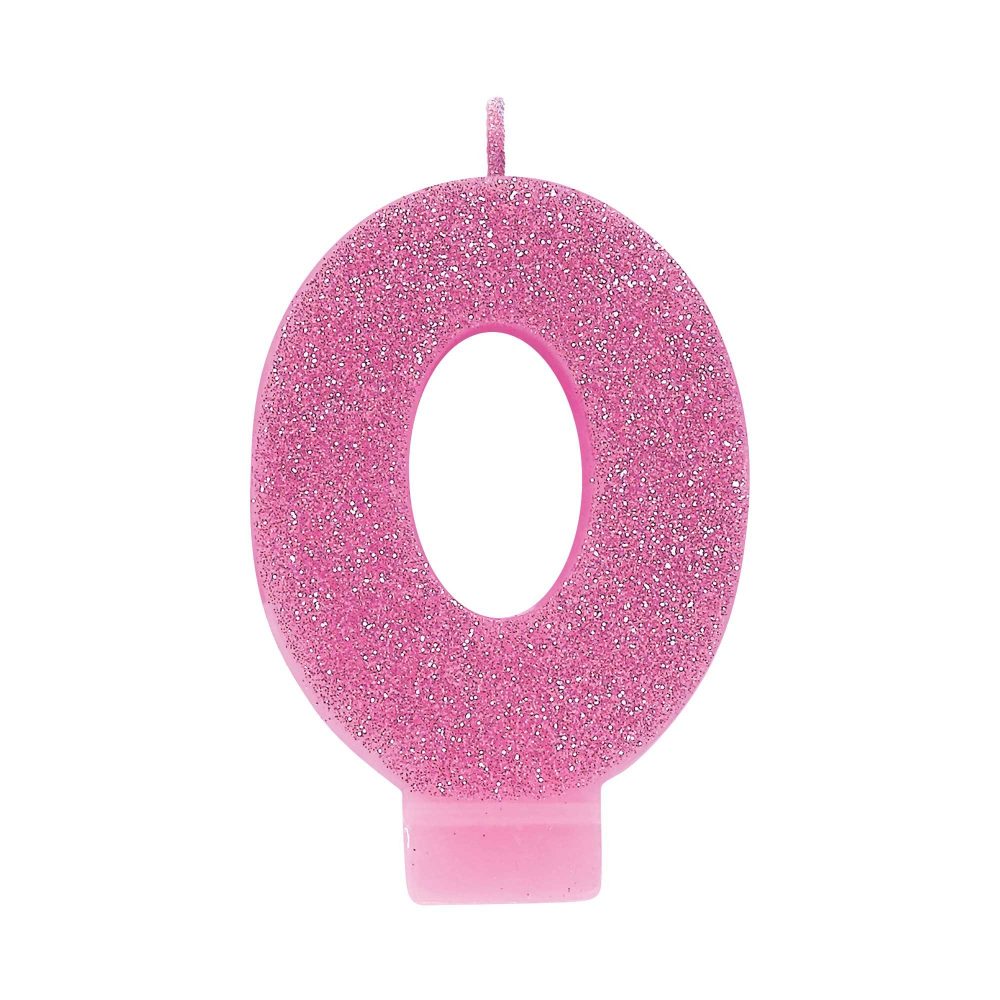 #0 Pink Glitter Numeral Candle - party supplies australia