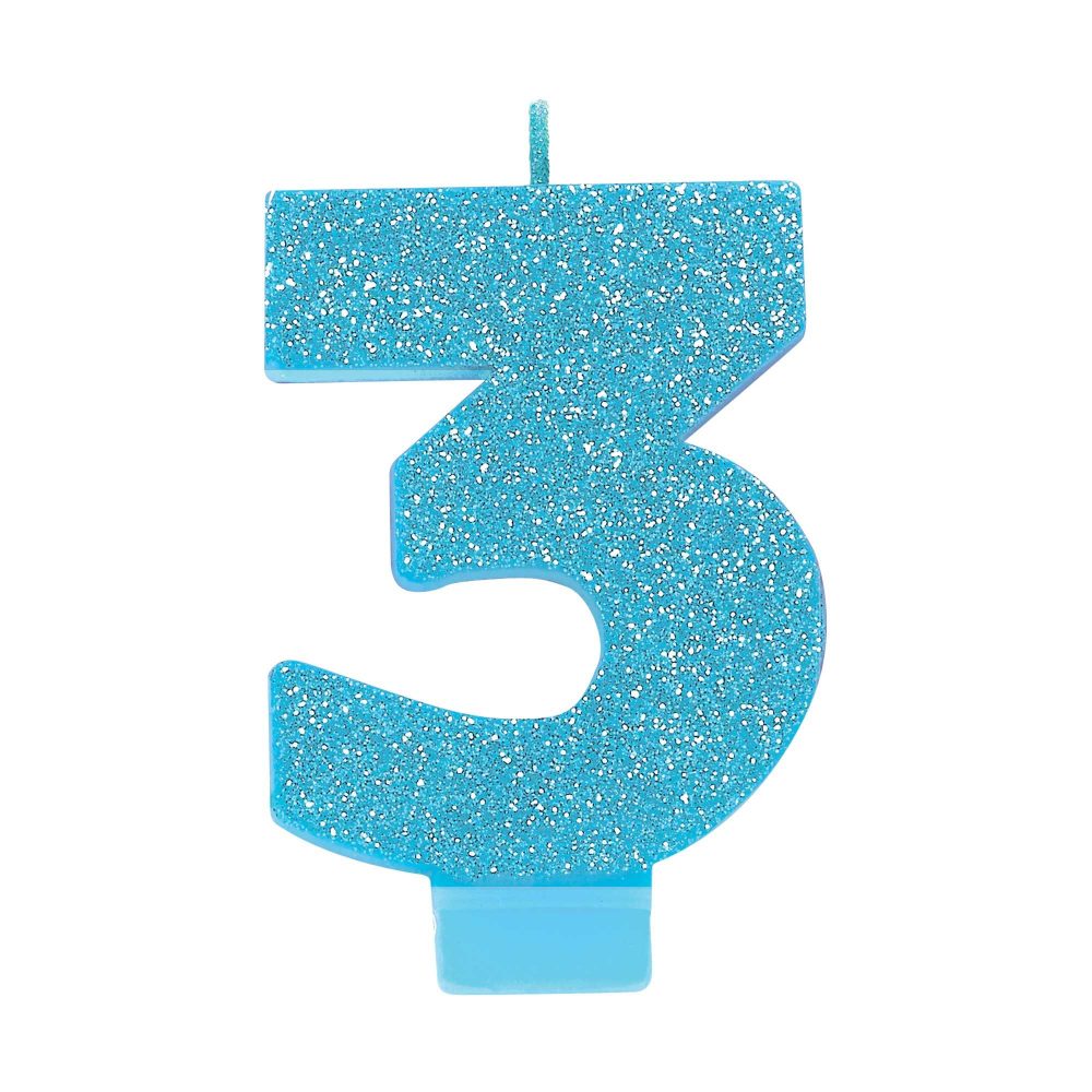 #3 Blue Glitter Numeral Candle - party supplies australia