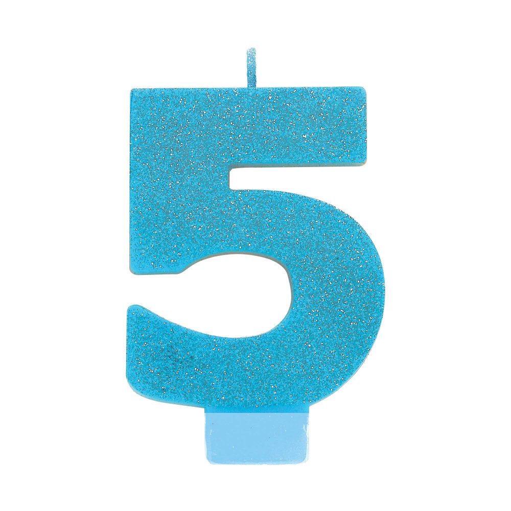 #5 Blue Glitter Numeral Candle - party supplies australia