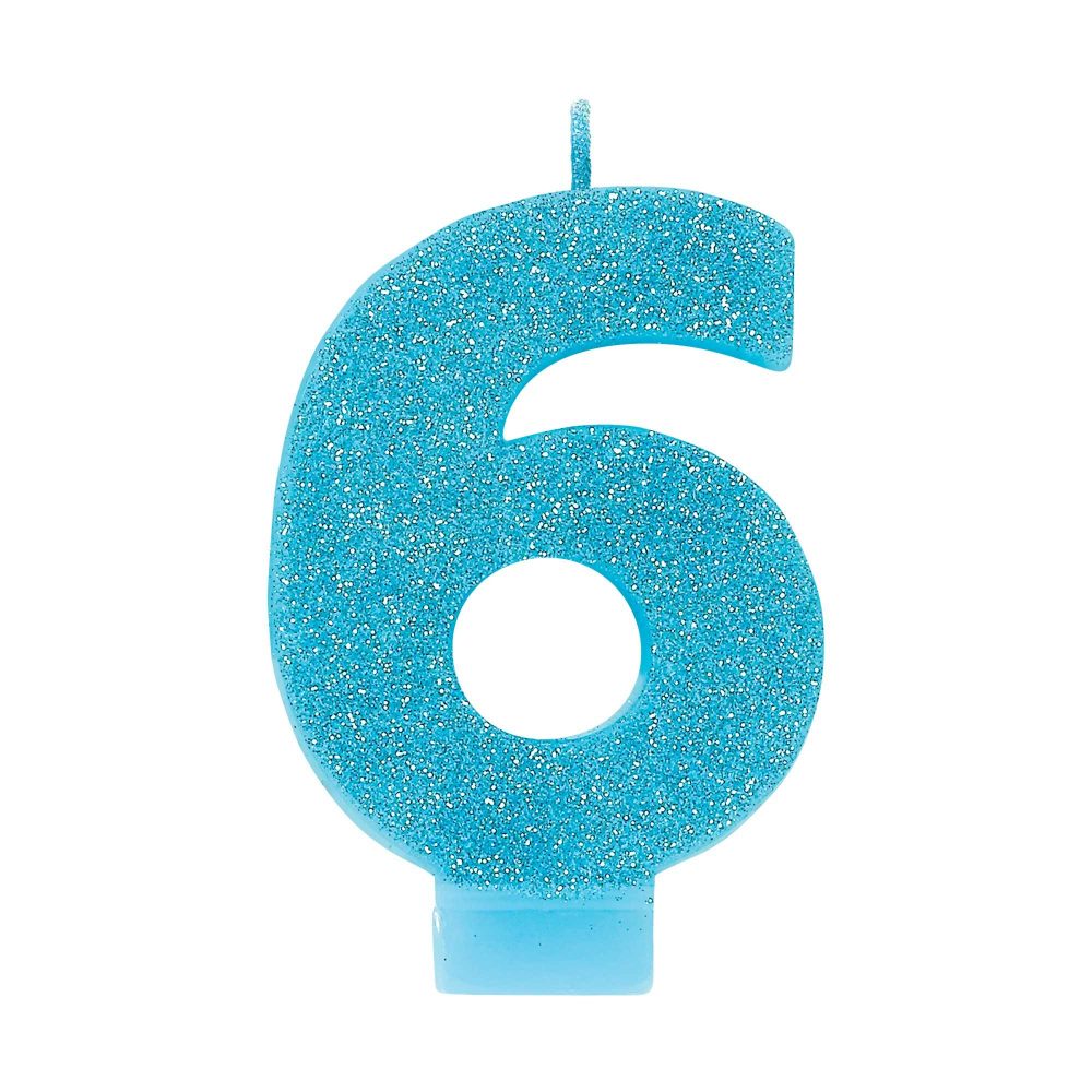 #6 Blue Glitter Numeral Candle - party supplies australia