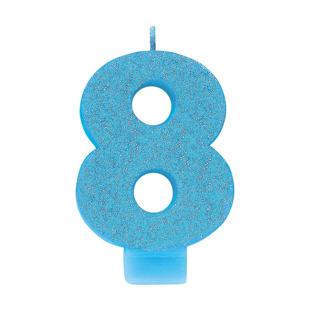 #8 Blue Glitter Numeral Candle - party supplies australia