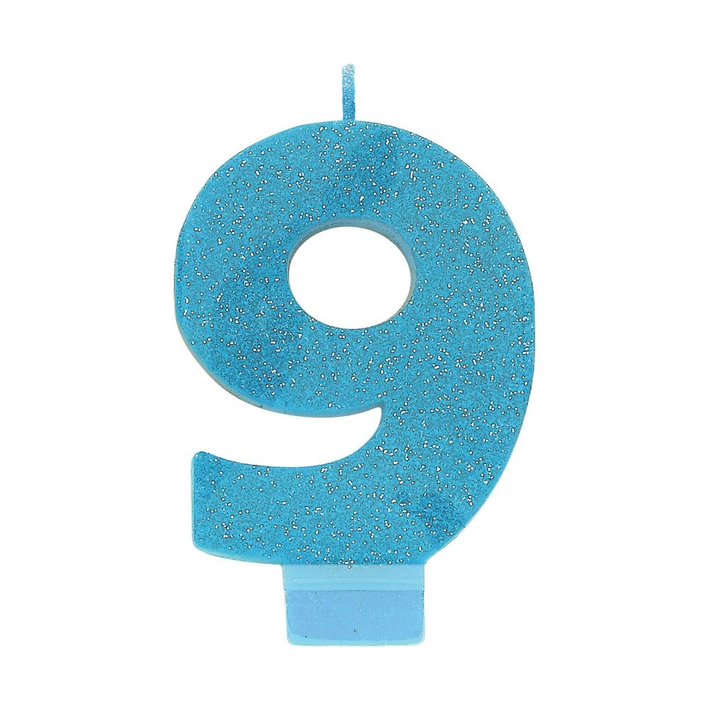 #9 Blue Glitter Numeral Candle - party supplies australia