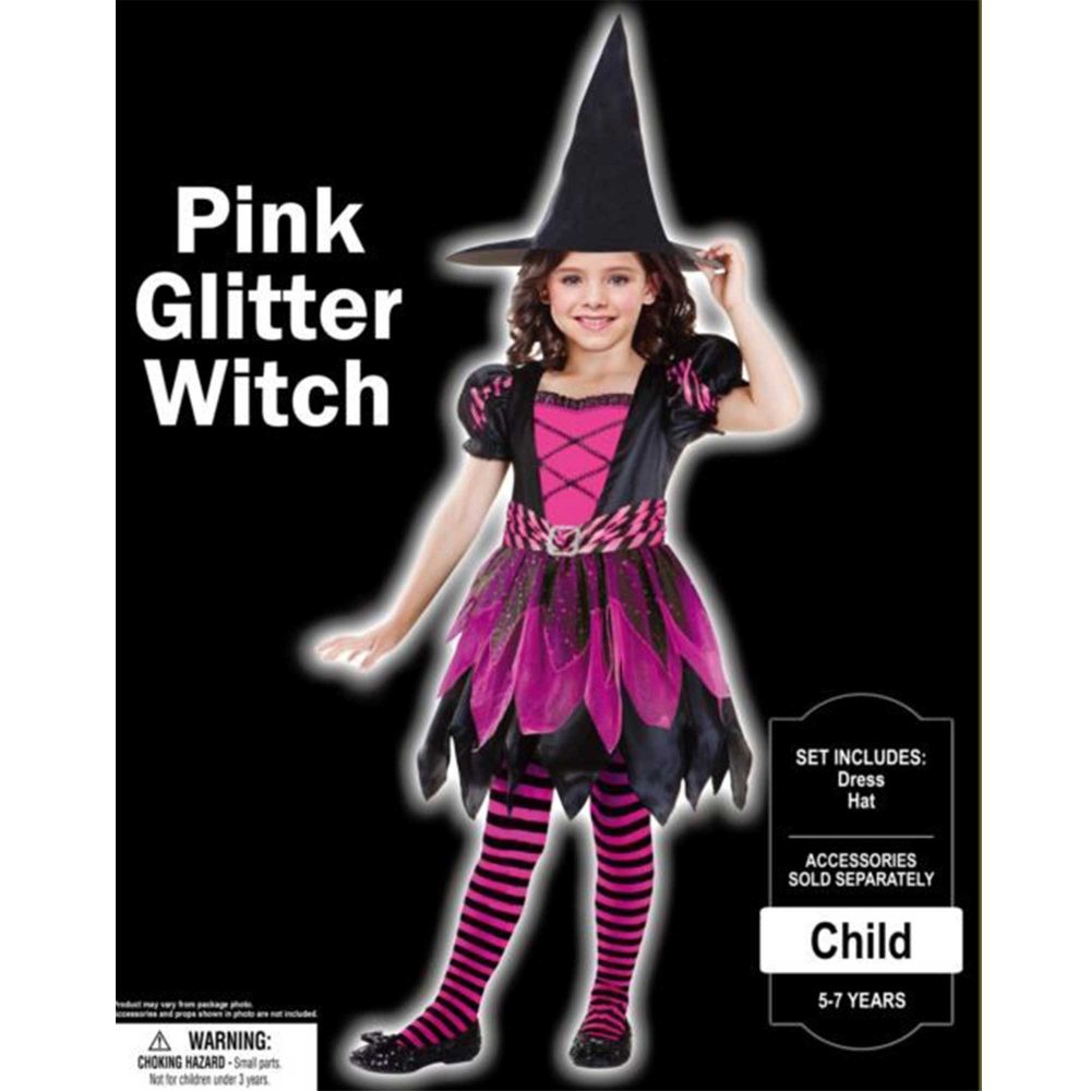 Costume Pink Glitter Witch Girls 5-7 Years - party supplies australia