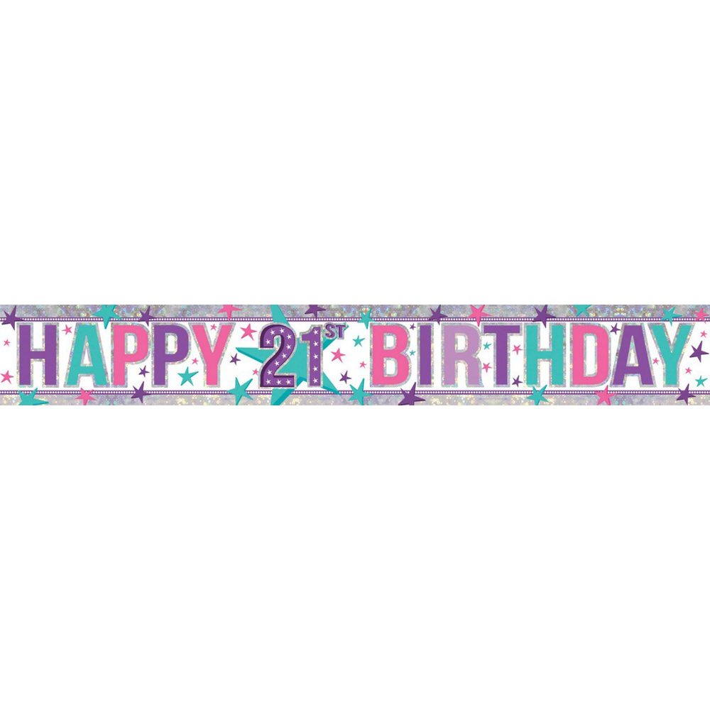 Banner Holographic Happy Birthday 21st Pink - party supplies australia