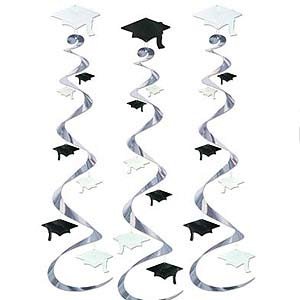 Graduation Caps Black & White Hanging Decoration Whirls - party supplies australia