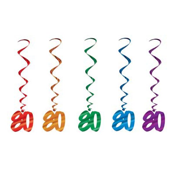 80 Birthday Multi Coloured Hanging Decoration Whirls - party supplies australia
