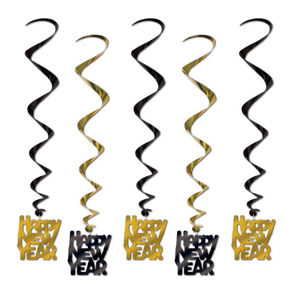 Happy New Year Black & Gold Hanging Decoration Whirls - party supplies australia