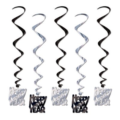Happy New Year Black & Silver Hanging Decoration Whirls - party supplies australia