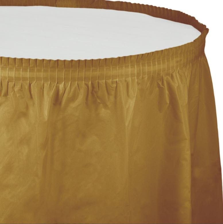 Glittering Gold Table Skirt Plastic 74cm x 4.26m - party supplies australia