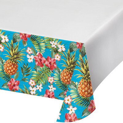 Aloha Tablecover Luau Pineapples & Flowers Plastic Border Print 137cm x 259cm - party supplies australia