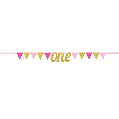 Banner Pennant one Gold & Pink Glittered 20cm x 2.74m - party supplies australia