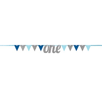 Banner Pennant one Silver & Blue Glittered 20cm x 2.74m - party supplies australia