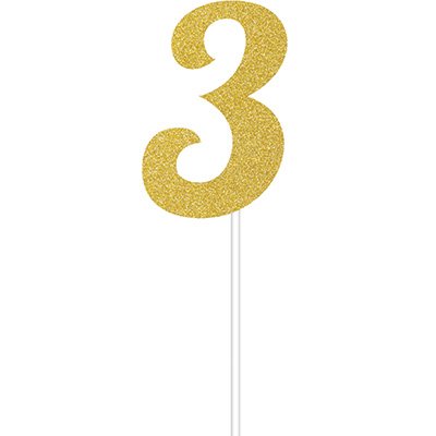 Cake Topper Number 3 Gold Glittered - party supplies australia
