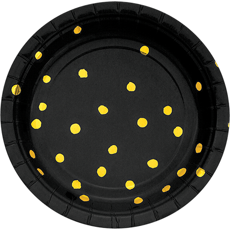 Touch of Colour Black Velvet & Gold Foil Dots Lunch Plates Paper 18cm - party supplies australia