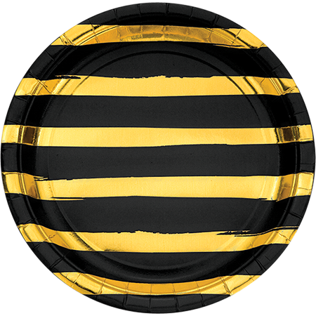 Touch of Colour Black Velvet & Gold Foil Striped Dinner Plates Paper 22cm - party supplies australia