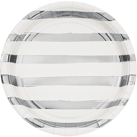 Touch of Colour White & Silver Foil Striped Dinner Plates Paper 22cm - party supplies australia