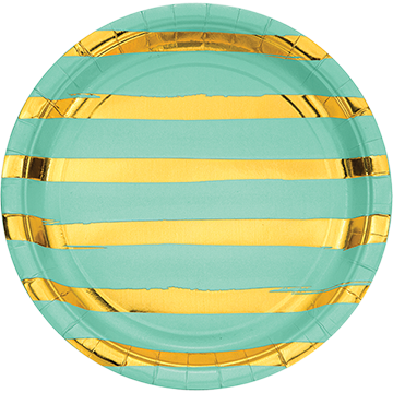 Touch of Colour Fresh Mint & Gold Foil Striped Dinner Plates Paper 22cm - party supplies australia