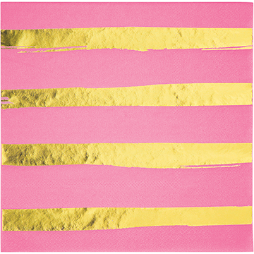 Touch of Colour Candy Pink & Gold Foil Striped Lunch Napkins - party supplies australia