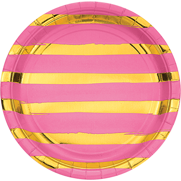 Touch of Colour Candy Pink & Gold Foil Striped Dinner Plates Paper 22cm - party supplies australia