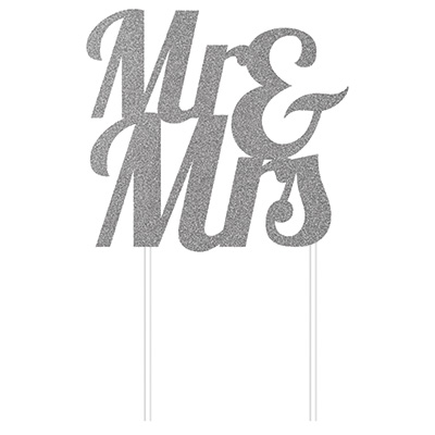 Cake Topper Mr & Mrs Silver Glittered - party supplies australia