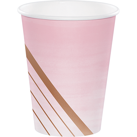 Rose All Day Cups Paper Stripes Rose Gold Foil 266ml - party supplies australia