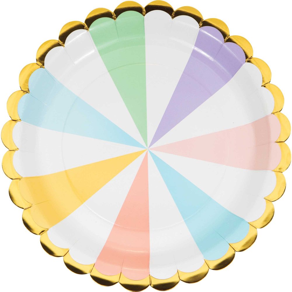 Pastel Celebrations Dinner Plates Scalloped Paper & Gold Foil 22cm - party supplies australia