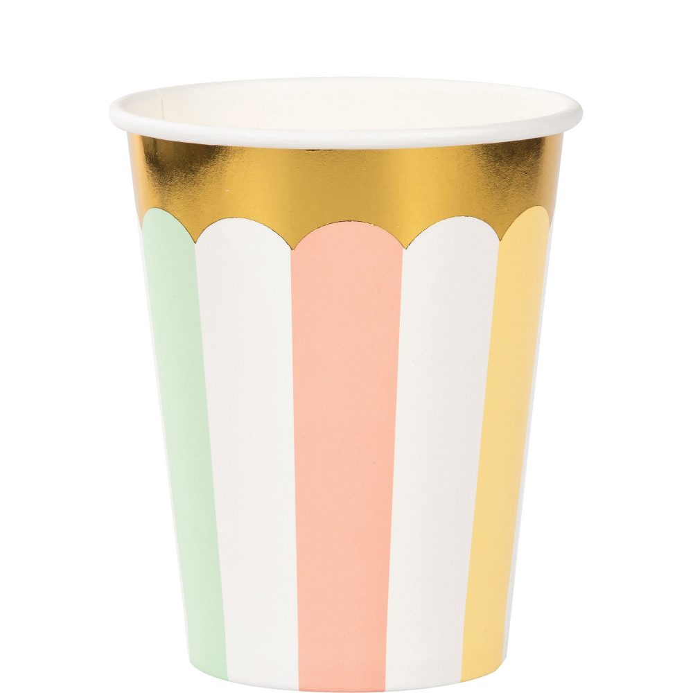 Pastel Celebrations Cups Paper & Gold Foil 266ml - party supplies australia