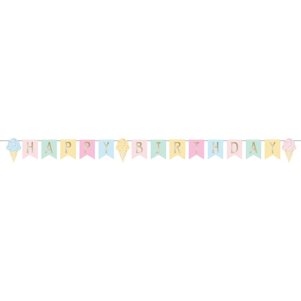 Ice Cream Party Decor Happy Birthday Ribbon Banner & Foil 15cm x 2.52m - party supplies australia