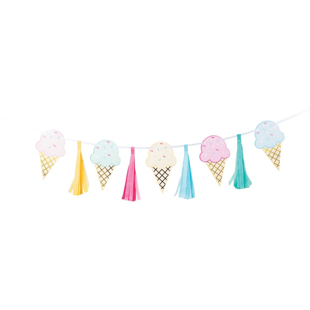 Ice Cream Party Decor Tassel Ribbon Banner & Foil 20cm x 1.4m - party supplies australia