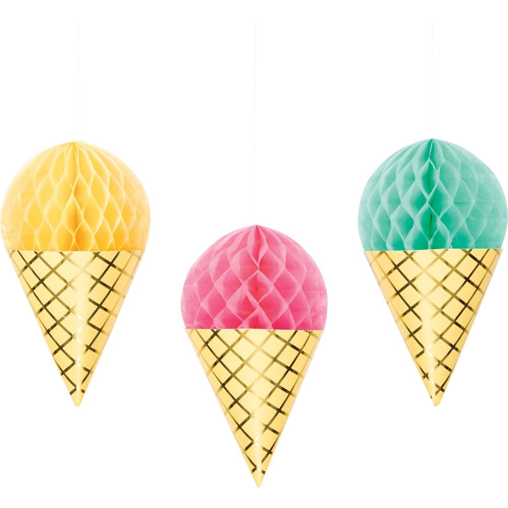 Ice Cream Party Decor Hanging Honeycomb Cones & Foil 16cm x 33cm - party supplies australia