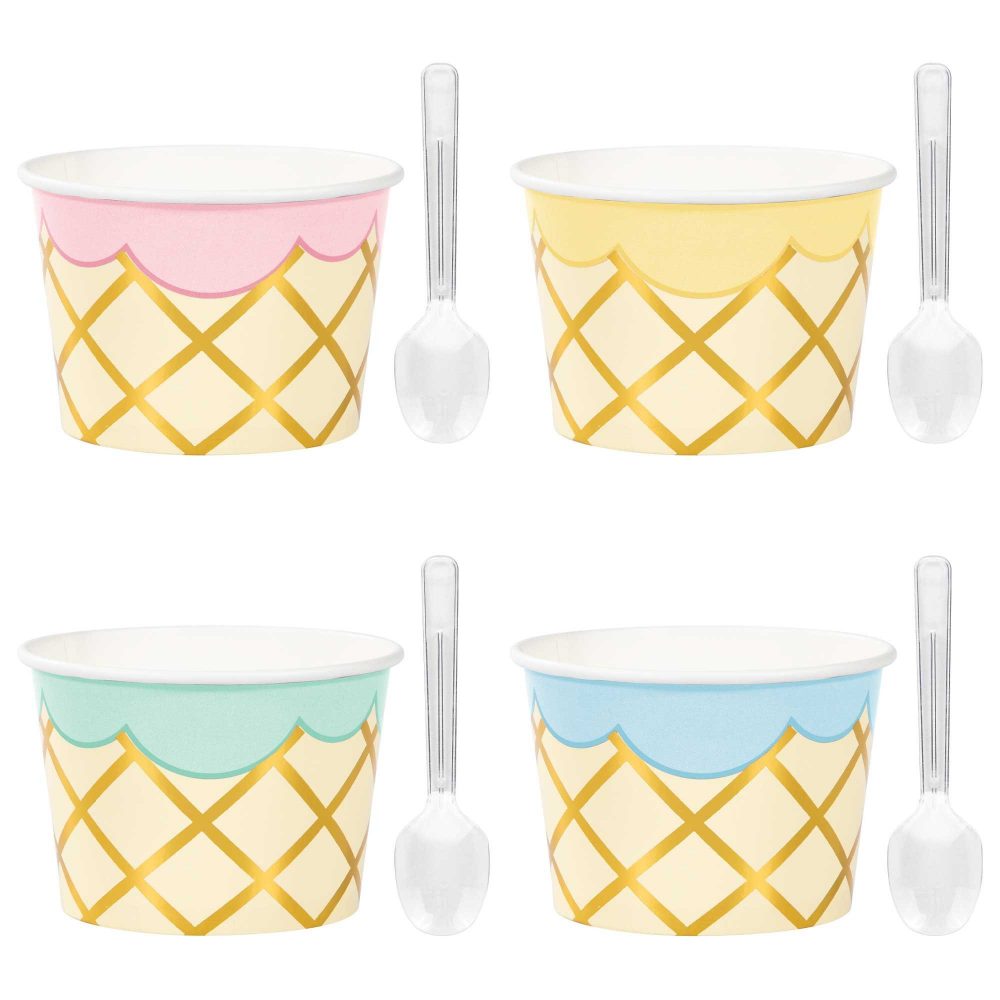 Ice Cream Party Decor Treat Cups Cardboard & Foil & Clear Plastic Spoons - party supplies australia