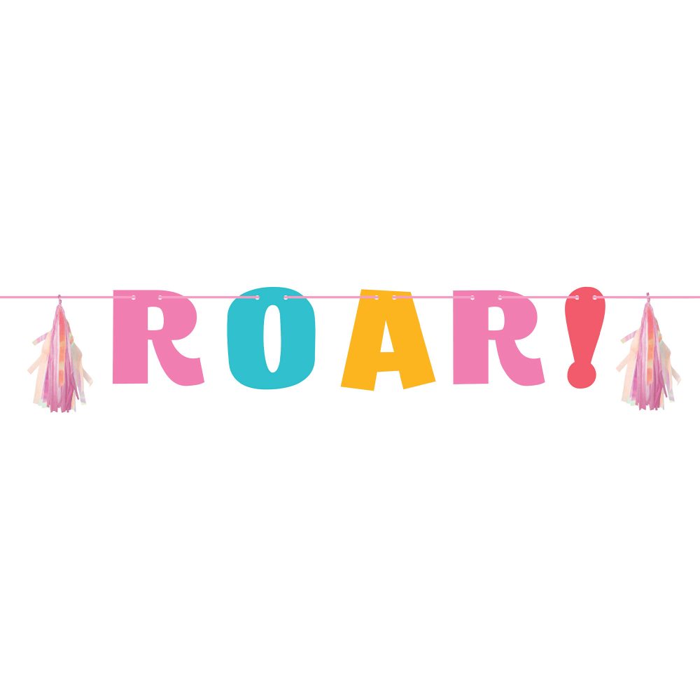Girl Dino Party Decor Letter Banner ROAR Iridescent with Tassels 20cm x 1.37m - party supplies australia