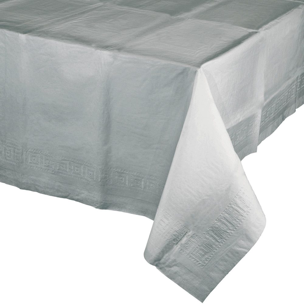 Shimmering Silver Tablecover Tissue & Plastic Back 137cm x 274cm - party supplies australia